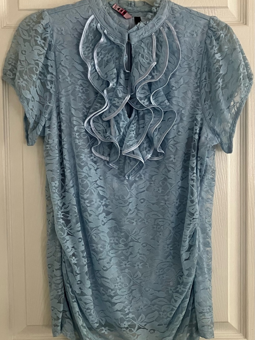 Plus Light Blue Lace Ruffle Front Blouse Size 2X